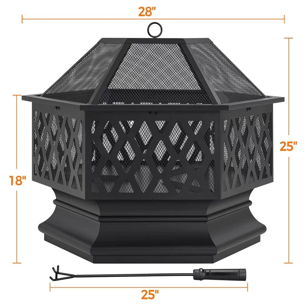 Black Hex-Shaped Steel Wood Burning Fire Pit with Spark Screen & Fire Poker B205734
