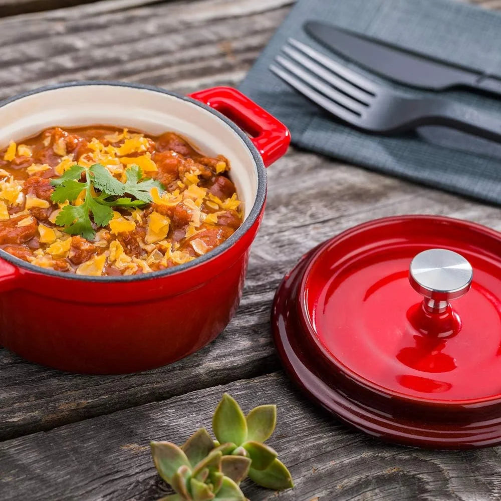 8 Ounce Red Enameled Cast Iron Mini Casserole Dish with Lid I6706
