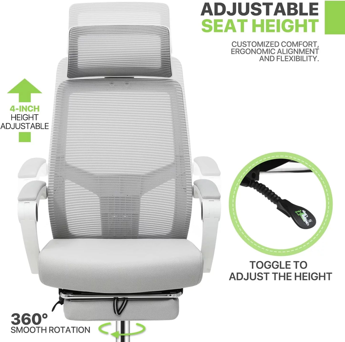 Grey Ergonomic High Back Mesh Office Chair with Footrest Y715606