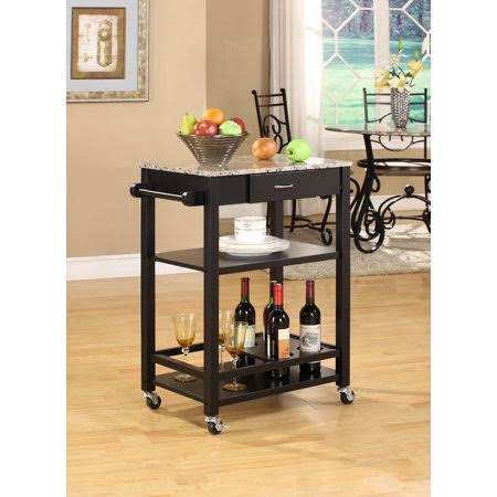 Black Marble Wood Kitchen Serving Cart with Storage Drawer & Shelves X190248