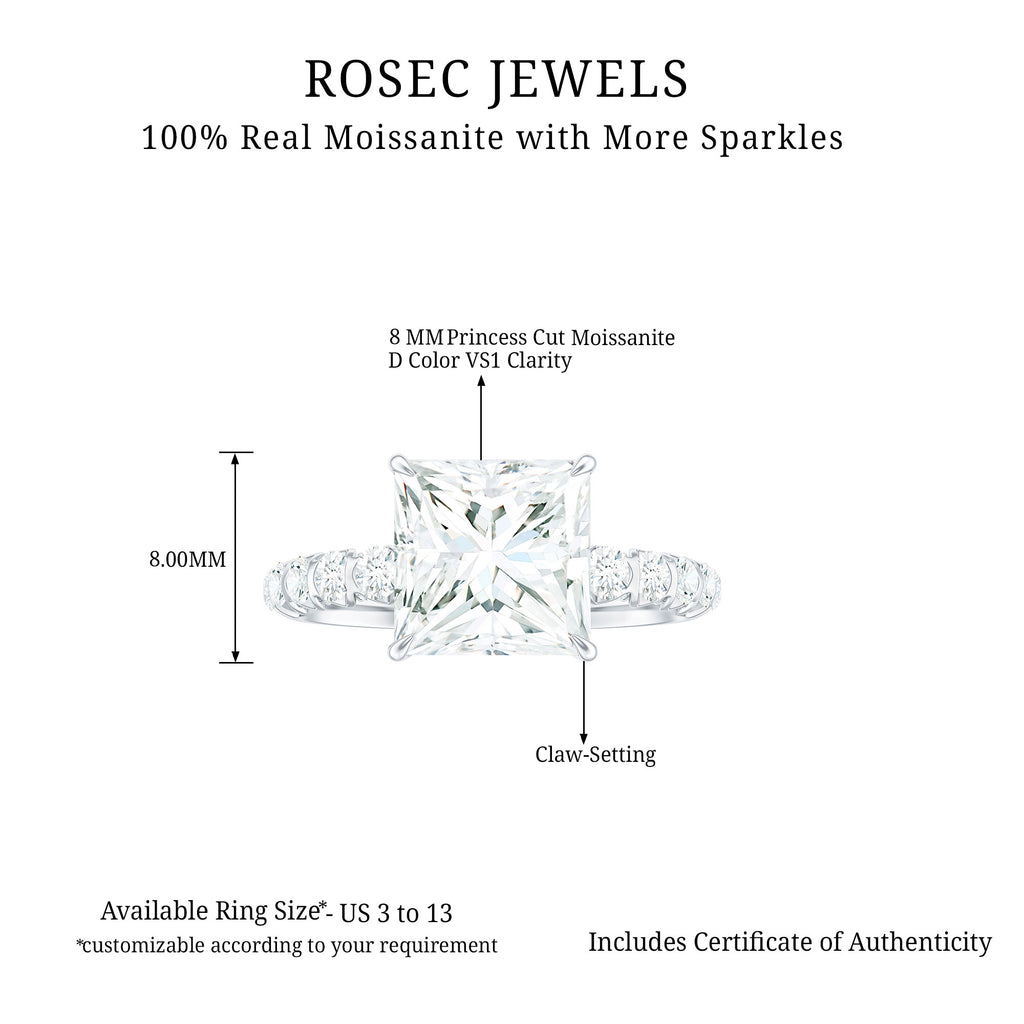 Princess Cut Moissanite Solitaire Engagement Ring with Side Stones, 925 Sterling Silver E332