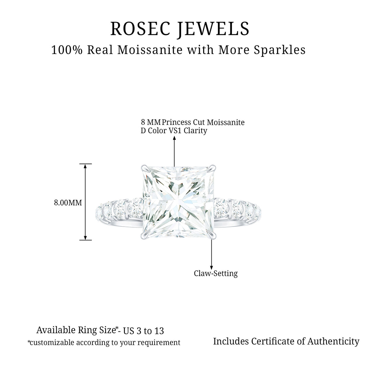 Princess Cut Moissanite Solitaire Engagement Ring with Side Stones, 925 Sterling Silver E332
