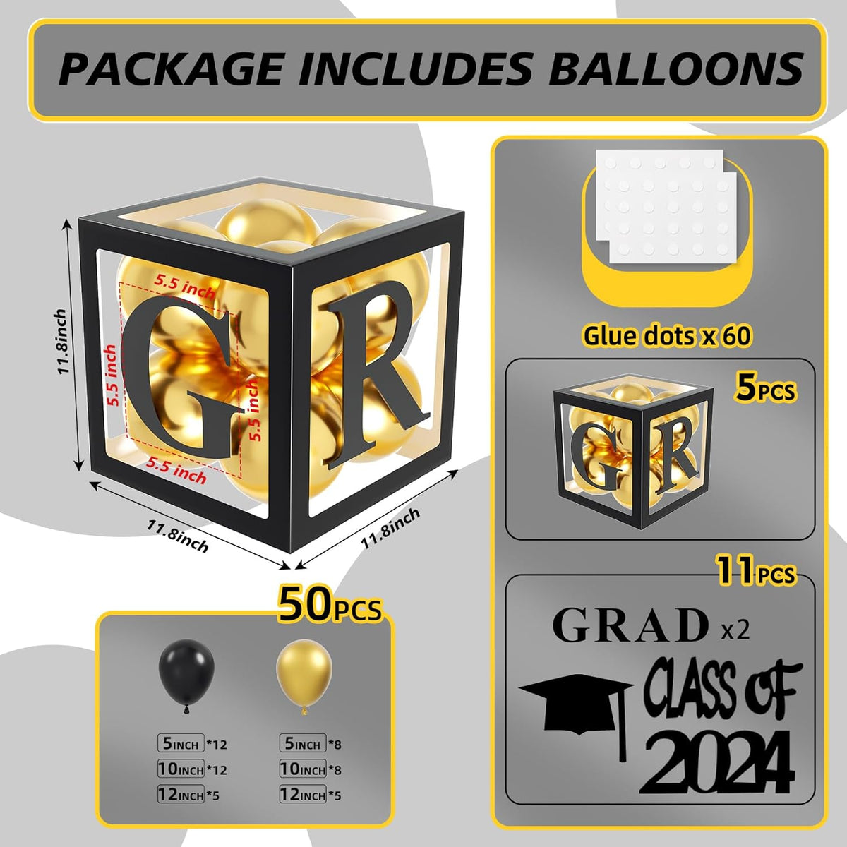 5Pcs Black Balloon Boxes with Graduation Cap U101419