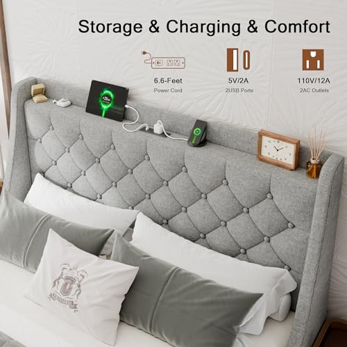 Beige Upholstered Full Size Bed Frame with 4 Storage Drawers W623439