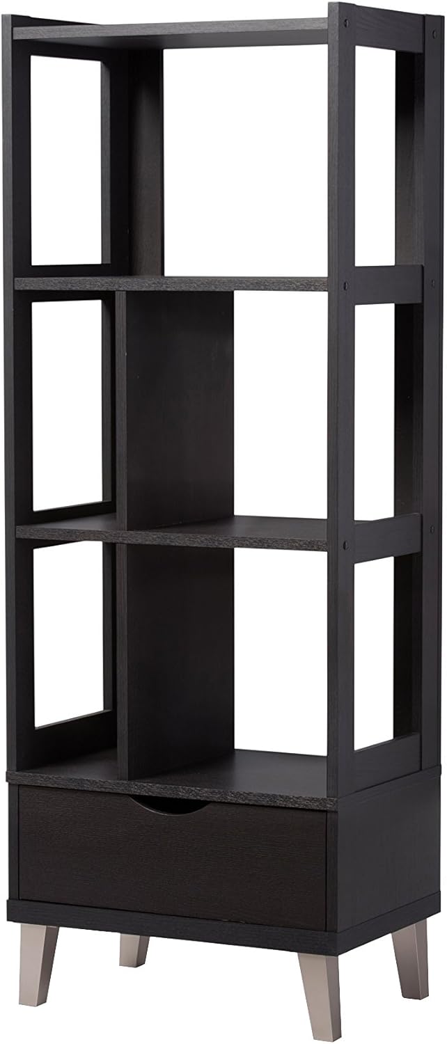 Dark Brown Wood Bookcase with Display Shelves and Two Drawers U6522