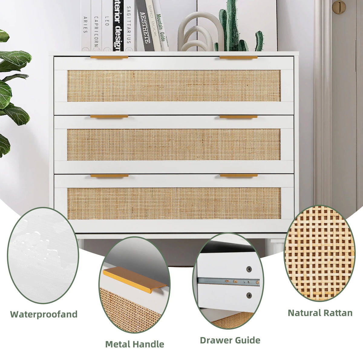Modern 3 Drawer Rattan Wooden Dresser H17889