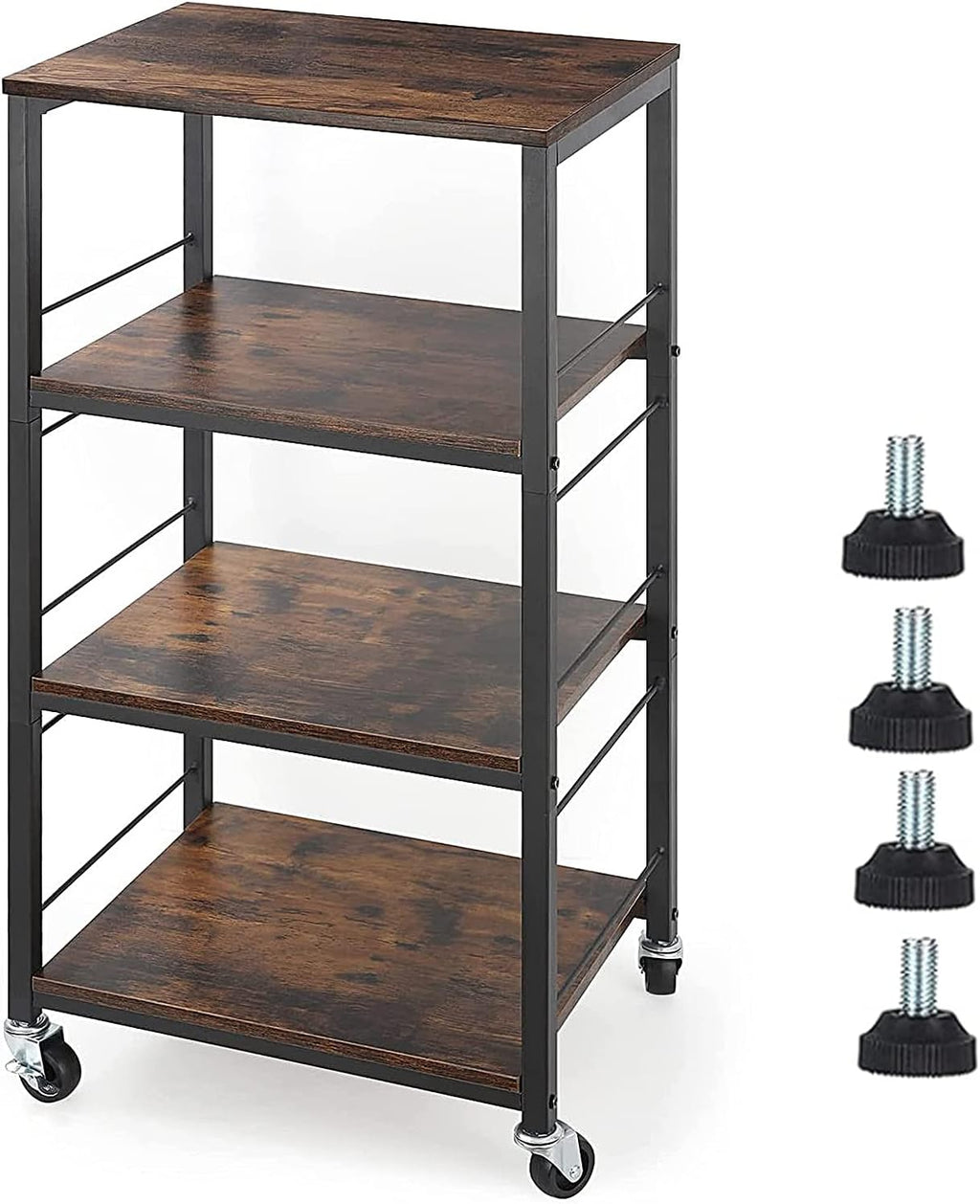Industrial Kitchen Cart with Wheels 4 Tier Metal Frame Wooden Top Storage Shelves Serving Cart Trolley X816638
