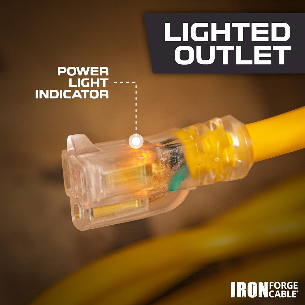 6 Foot Lighted Outdoor Extension Cord, 12/3 SJTW Heavy Duty Yellow Extension Cable with 3 Prong Grounded Plug W968726