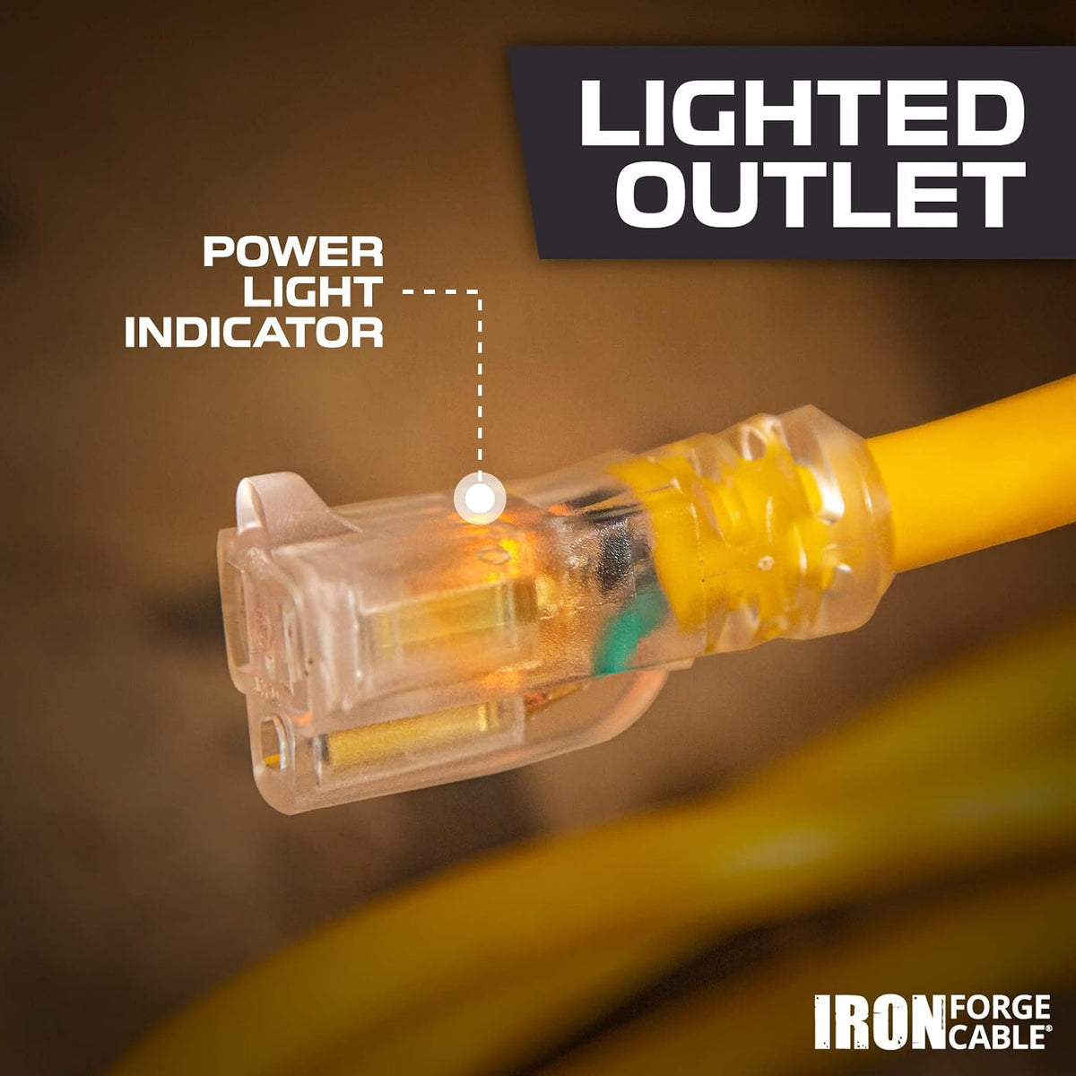 6 Foot Lighted Outdoor Extension Cord, 12/3 SJTW Heavy Duty Yellow Extension Cable with 3 Prong Grounded Plug W968726