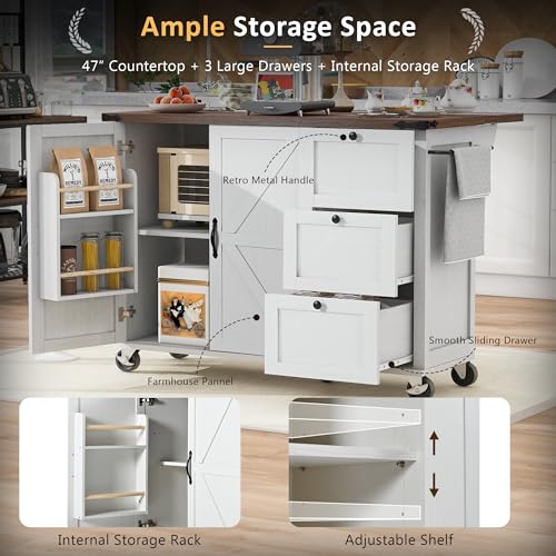 54.5" Farmhouse Mobile Kitchen Island with Power Outlet, Drop Leaf, Spice Rack and Drawer M55652
