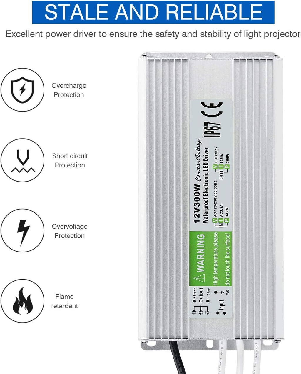 5 Pack Waterproof IP67 LED Power Supply Driver Transformer 300W 110V AC to 12V DC Low Voltage Output with 3-Prong Plug 3.3 Feet Cable U5354