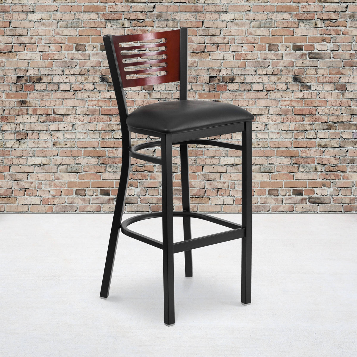 Mahogany Wood Back Black Vinyl Seat Metal Barstool I647715