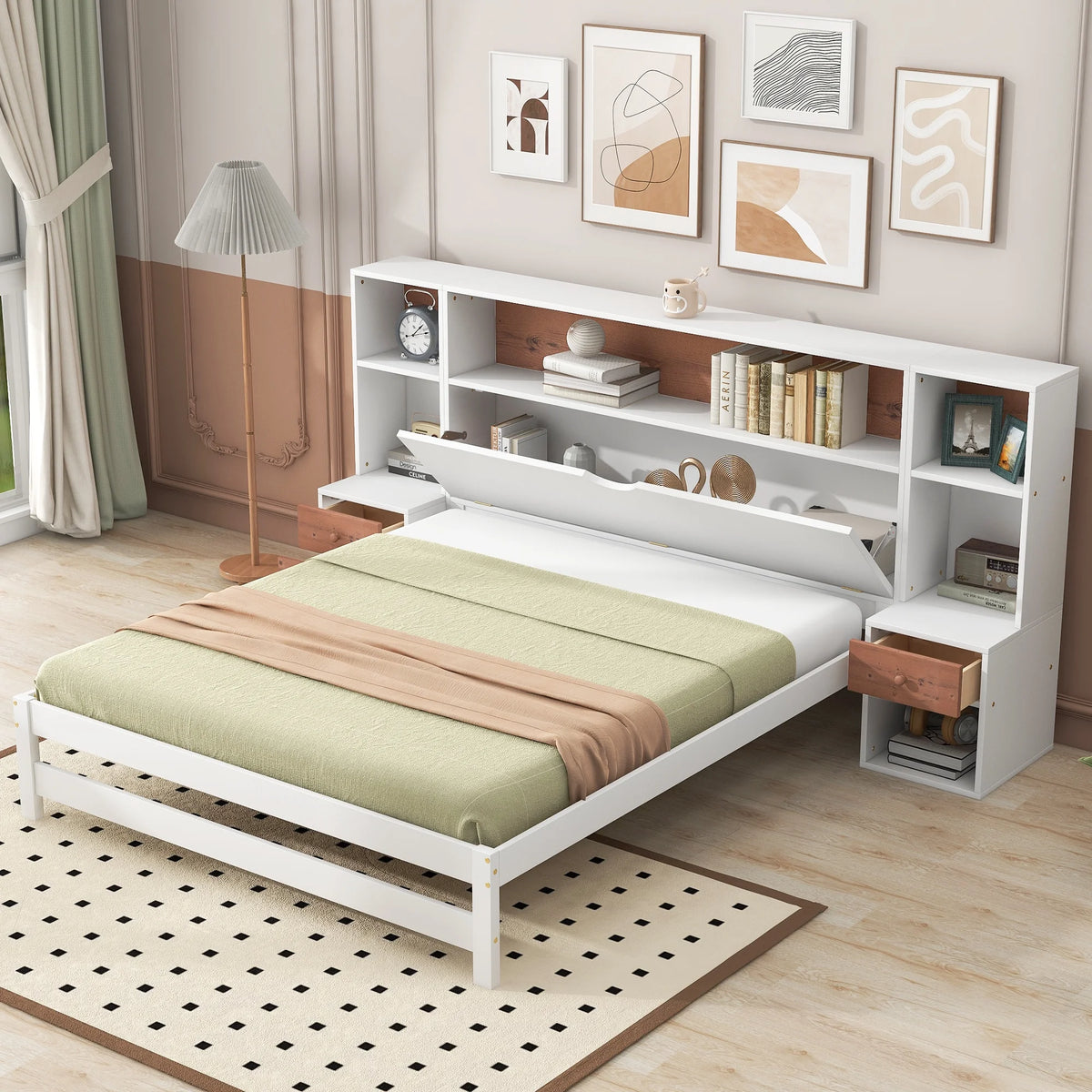 White Full Size Platform Bed with Storage Headboard and Drawers I763024