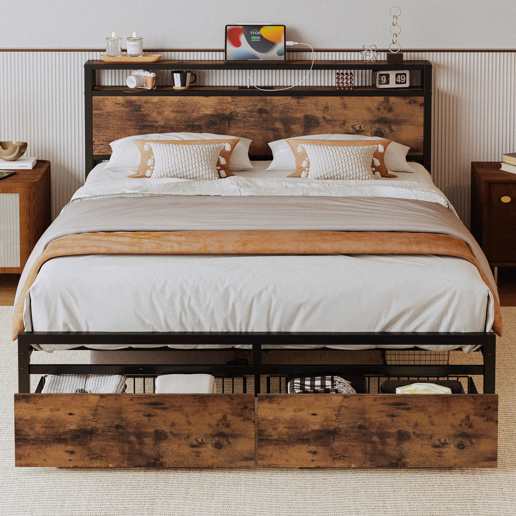 Queen Bed Frame with 2 Tier Storage Headboard and 2 Drawers R2164