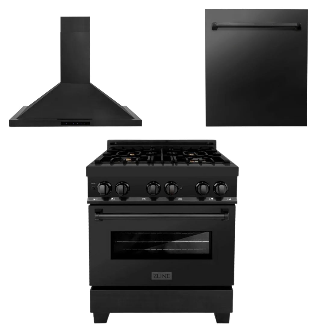 30 In. Dual Fuel Range, Range Hood, Dishwasher in Black Stainless Steel C42512