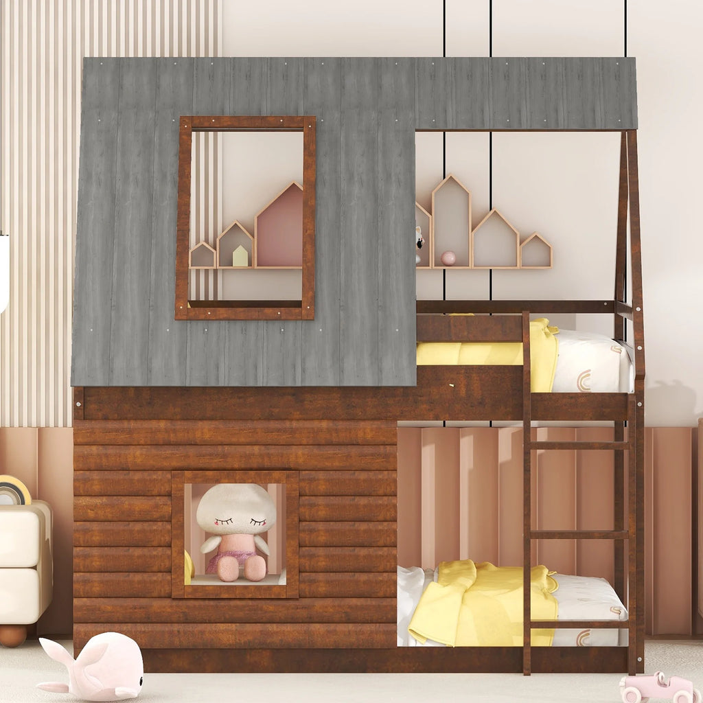 Twin Over Twin Wood Bunk Bed with Ladder and Guardrail S106878