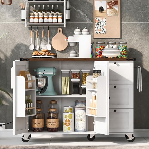 54.5" Farmhouse Mobile Kitchen Island with Power Outlet, Drop Leaf, Spice Rack and Drawer M55652