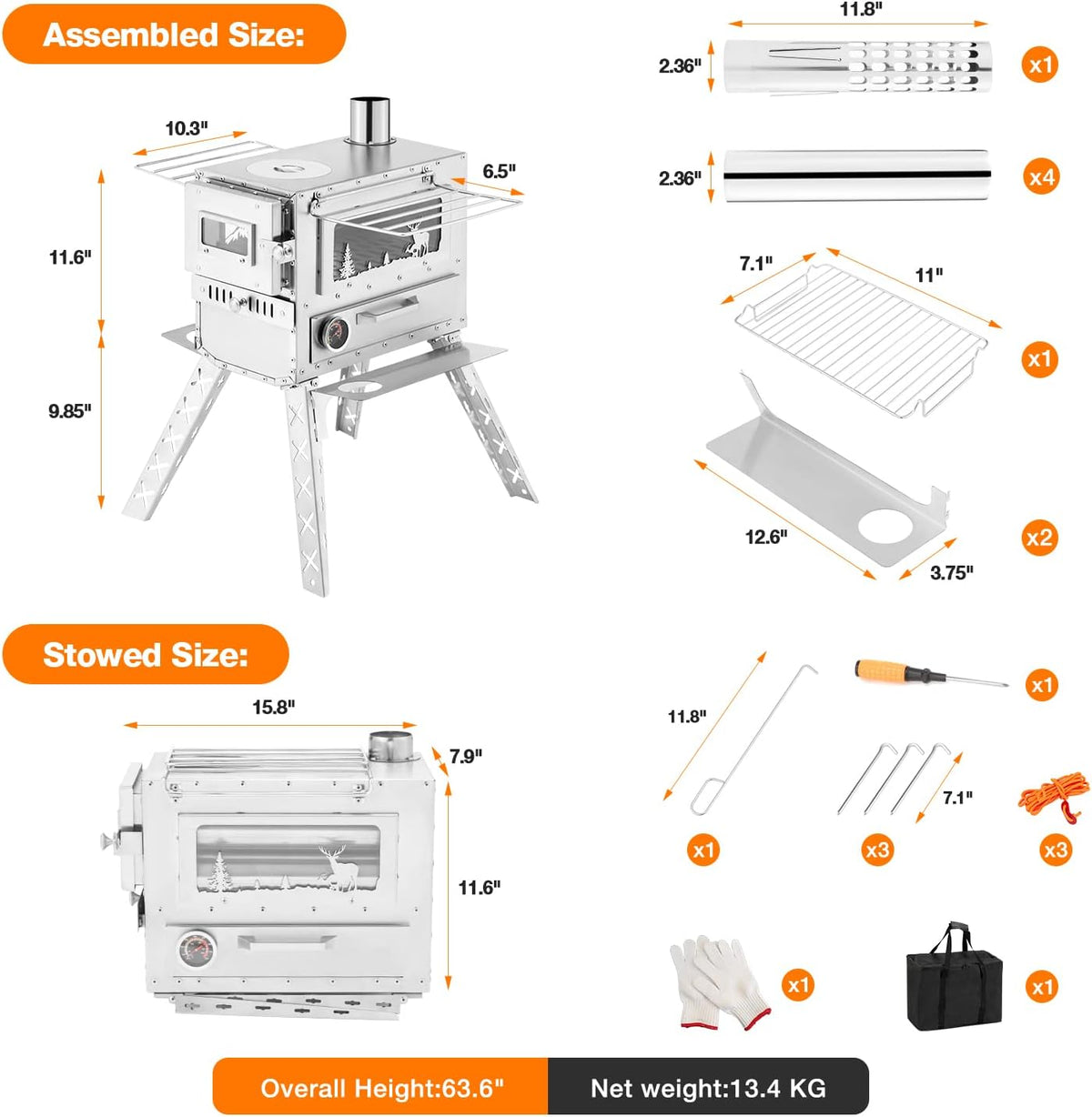 Wood Burning Tent Stove with Chimney Pipes and Carry Bag T65292