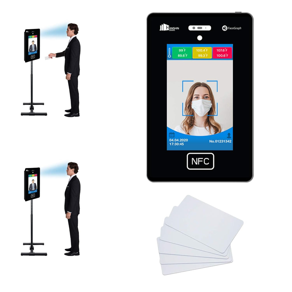 No Contact Temperature & Attendance Tracking Scanner Kiosk with Steel Floor Stand and 50 RFID Cards Bundle O37372