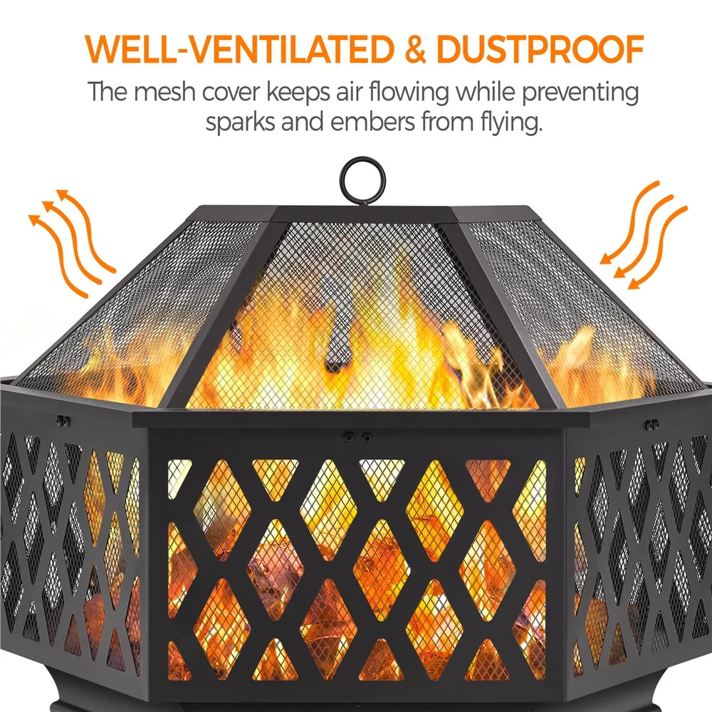 Black Hex-Shaped Steel Wood Burning Fire Pit with Spark Screen & Fire Poker B205734