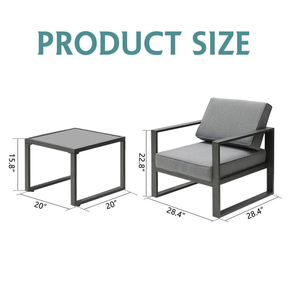 3 Pcs Aluminum Frame Patio Chairs Conversation Set with Coffee Table, Gray J175