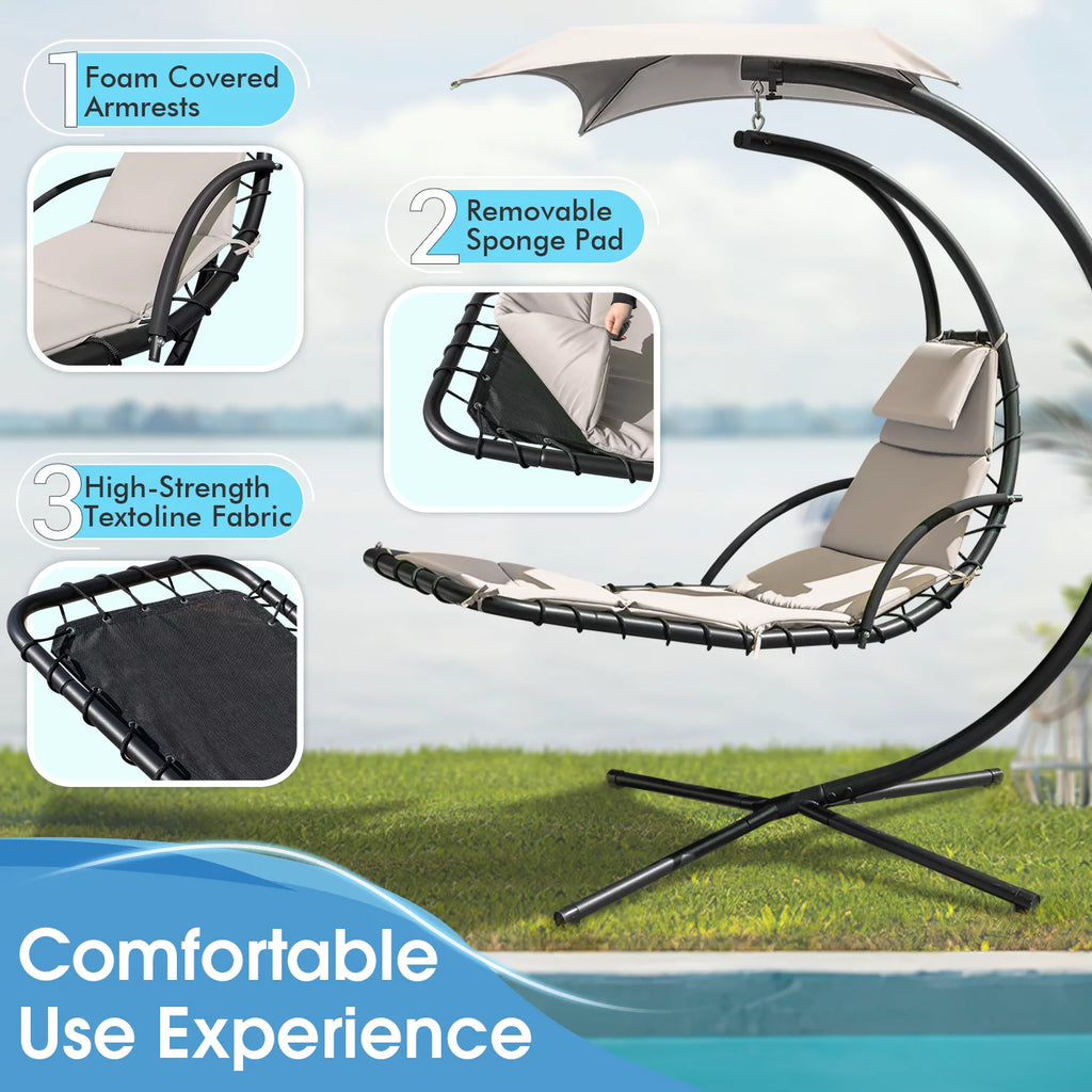 Beige Curved Hanging Chaise Lounge Chair with Canopy Y2498