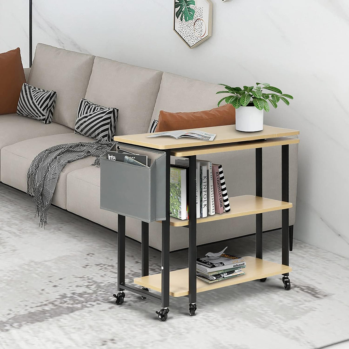 Sofa Side Table with Storage Bag, 6 Casters Walnut P549