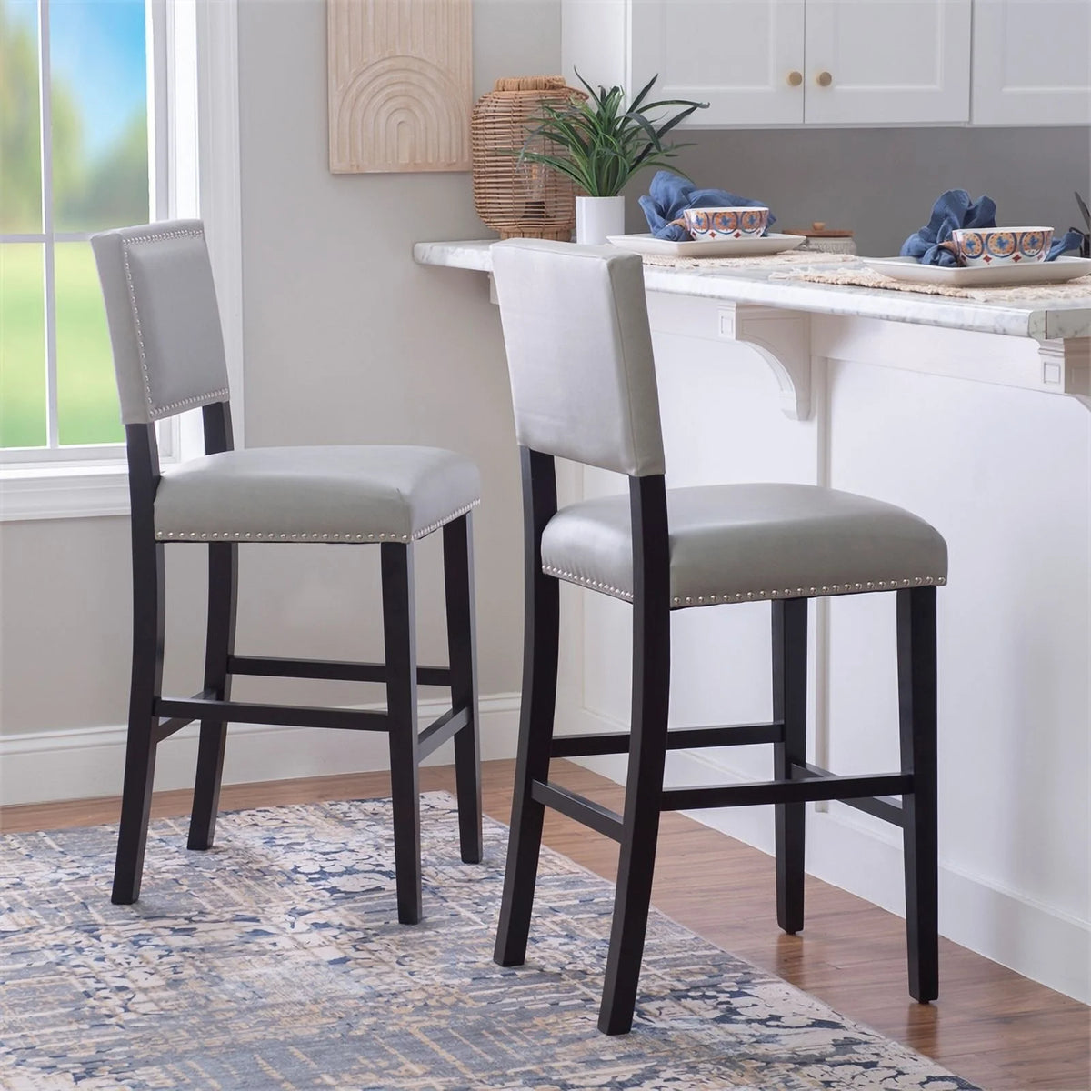 30" Faux Leather & Wood Bar Stool in Dove Gray/Black U301910