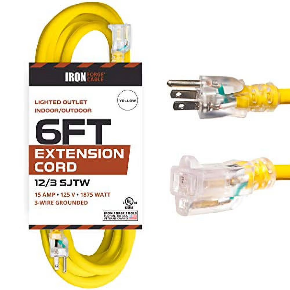 6 Foot Lighted Outdoor Extension Cord, 12/3 SJTW Heavy Duty Yellow Extension Cable with 3 Prong Grounded Plug W968726