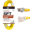 6 Foot Lighted Outdoor Extension Cord, 12/3 SJTW Heavy Duty Yellow Extension Cable with 3 Prong Grounded Plug W968726