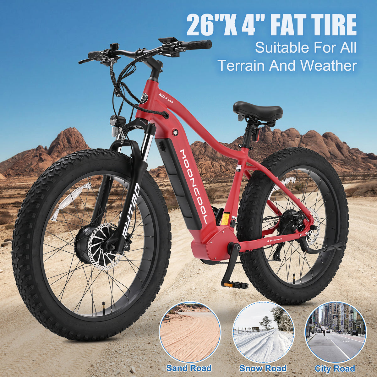 26" x 4" Fat Tire Electric Bike, 500W Dual Motor AWD Mountain Ebike, 48V 15AH Removable Battery, 7-Speed Electric Bicycle T6018