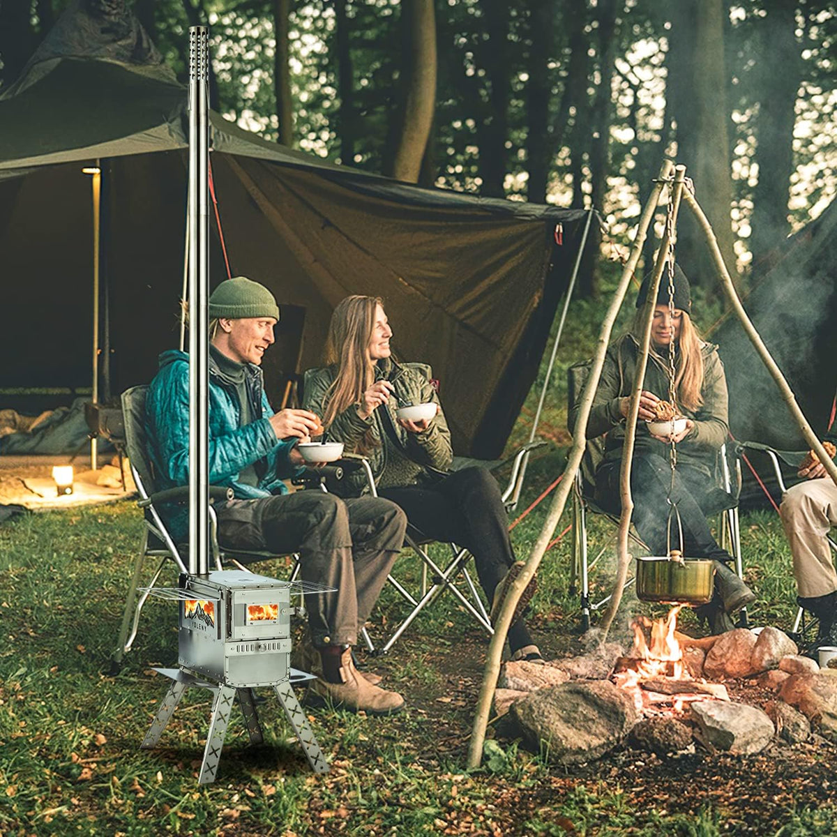 Wood Burning Tent Stove with Chimney Pipes and Carry Bag T65292