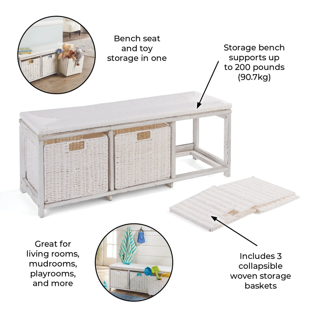 Brown Woven Top Storage Bench with Baskets L21741