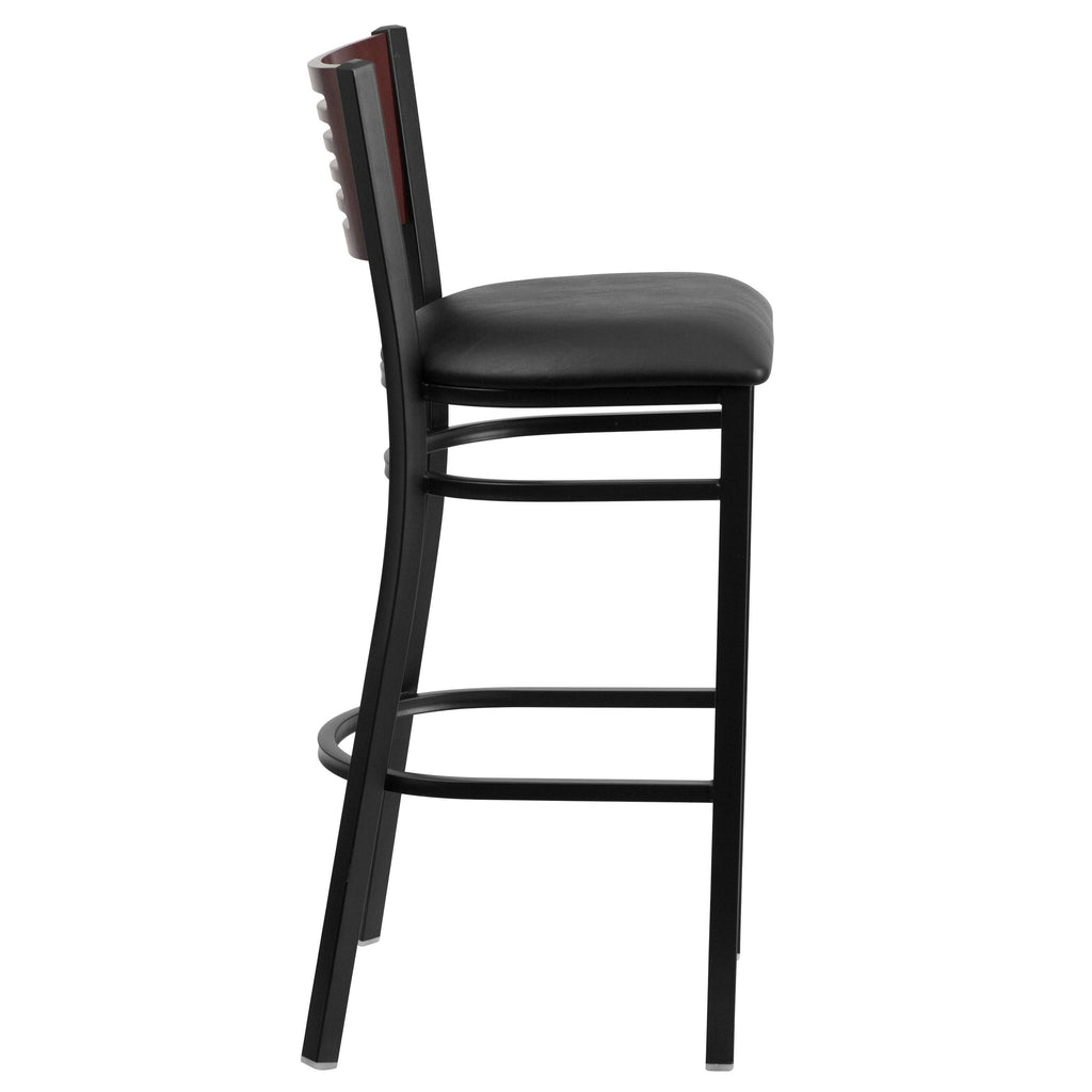 Mahogany Wood Back Black Vinyl Seat Metal Barstool I647715