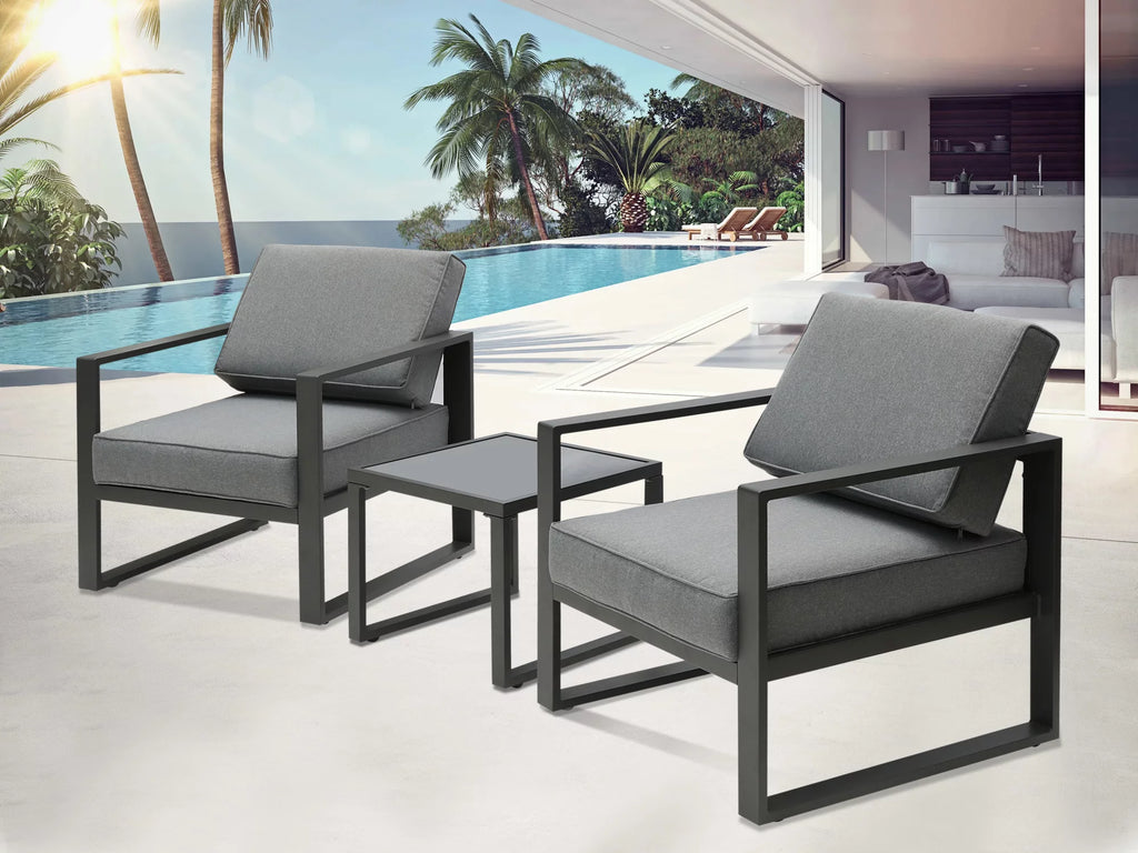 3 Pcs Aluminum Frame Patio Chairs Conversation Set with Coffee Table, Gray J175