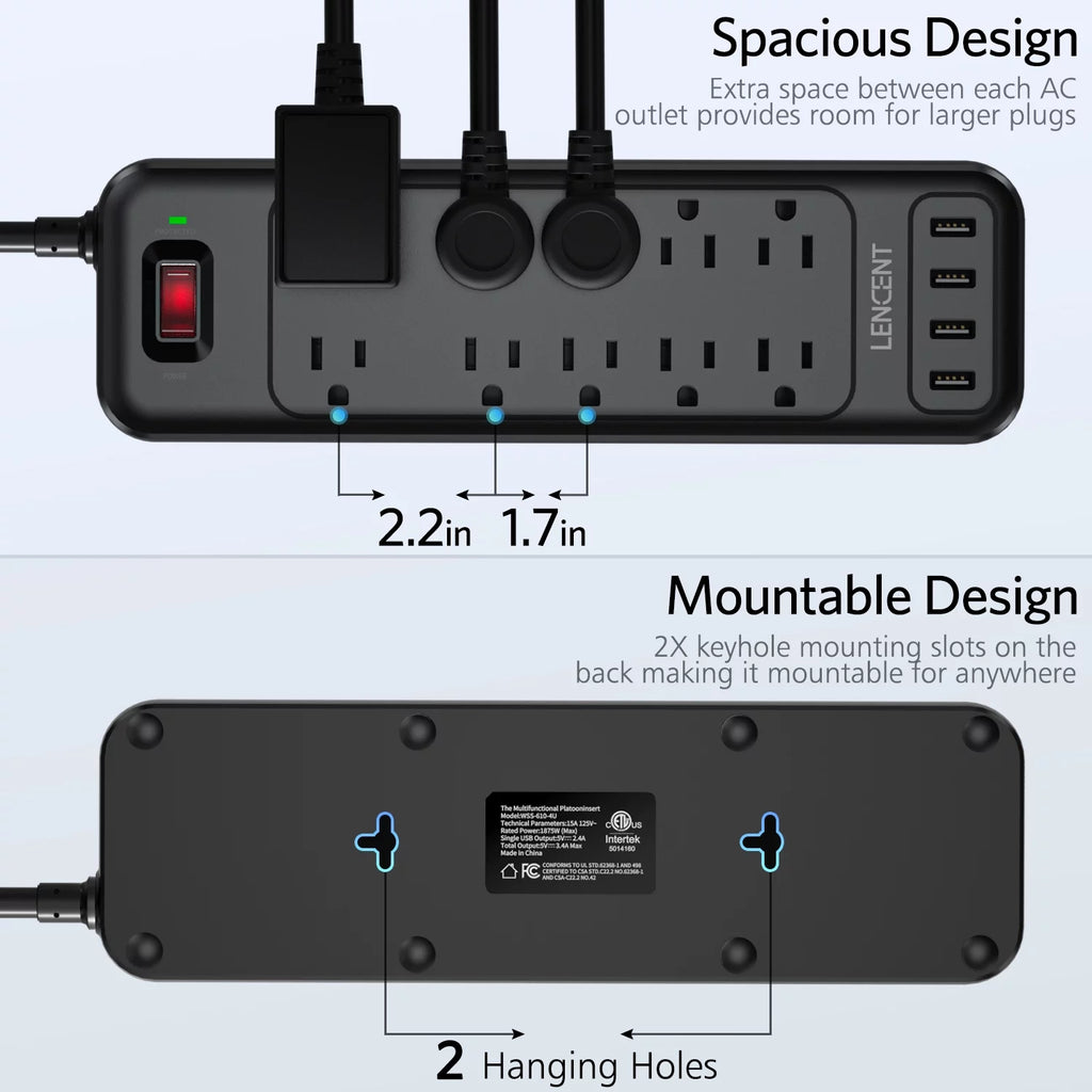 2 Prong Power Strip, 1700J Surge Protector, 6ft Extension Cord, 10 Outlets & 4 USB Ports A6491