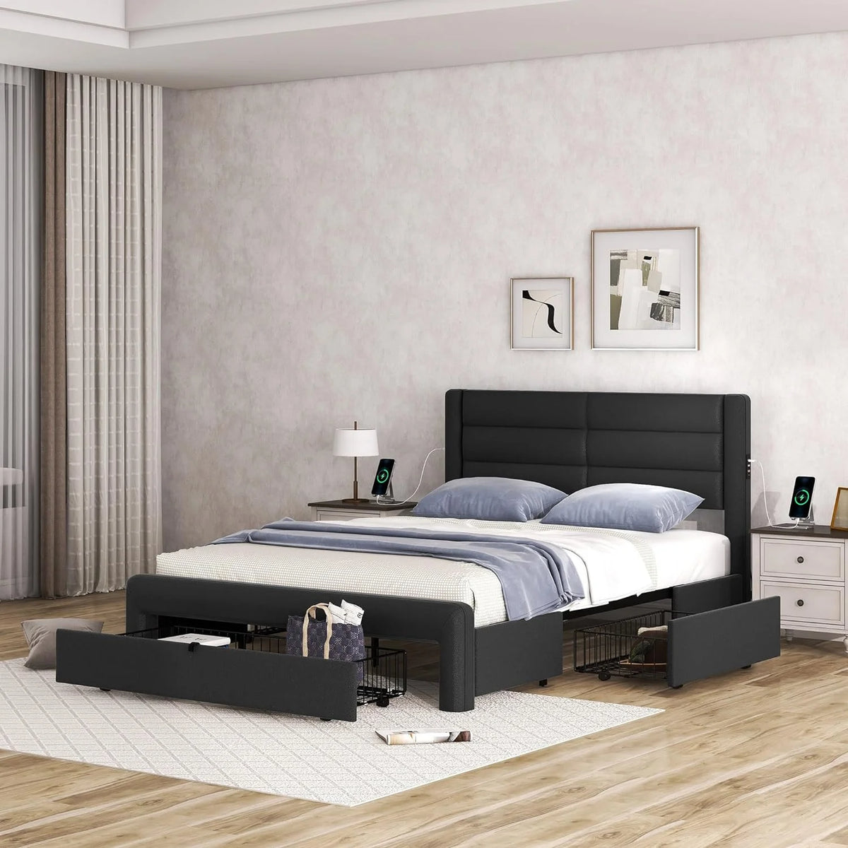 Queen Size Black Leather Upholstered Bed with Headboard and 3 Storage Drawers S884594