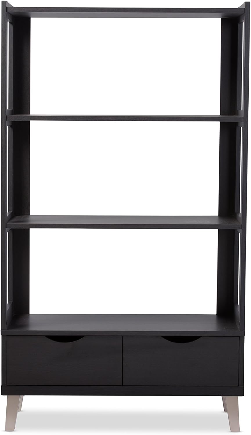 Dark Brown Wood Bookcase with Display Shelves and Two Drawers U6522