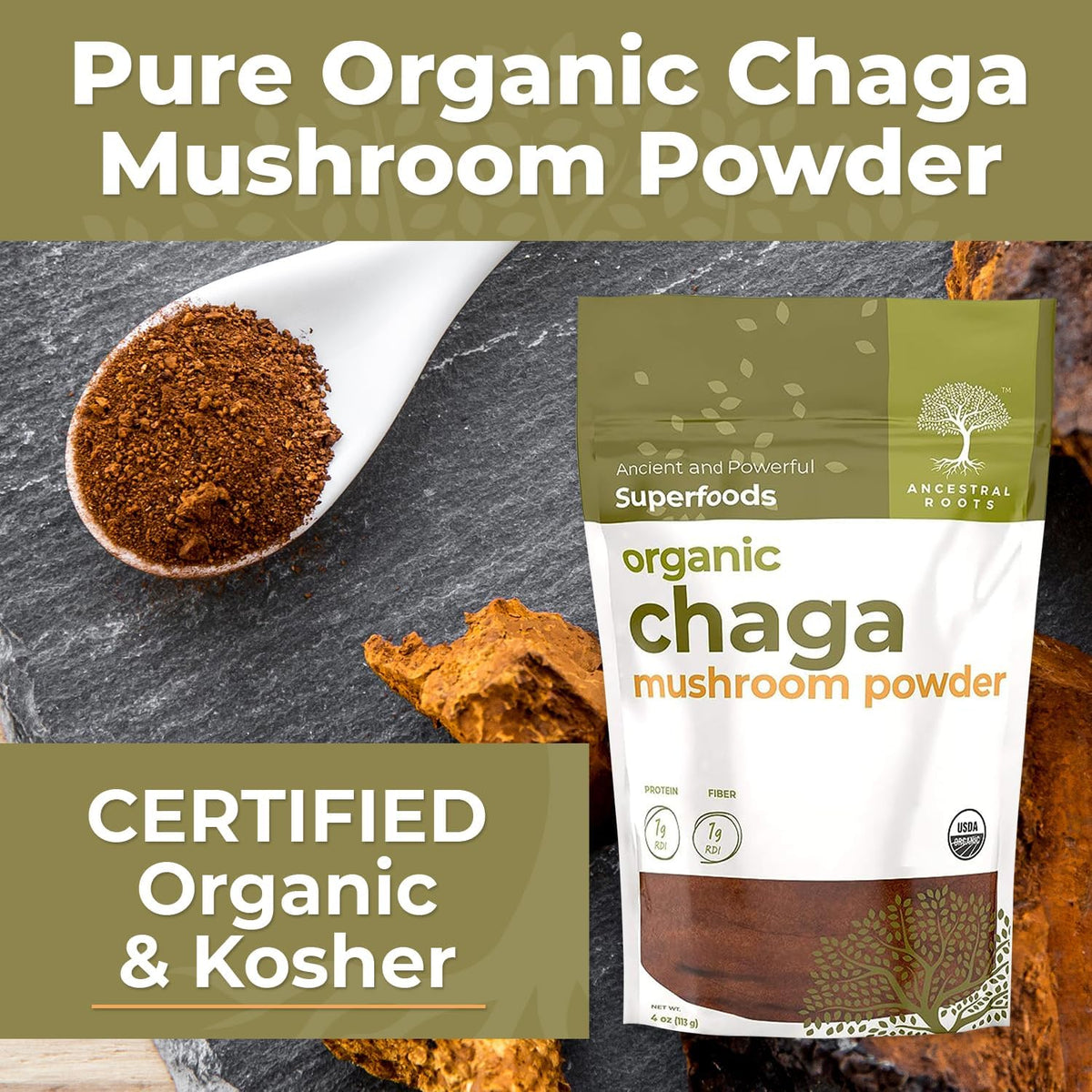 Organic Chaga Mushroom Powder, 4 oz, USDA Organic B894