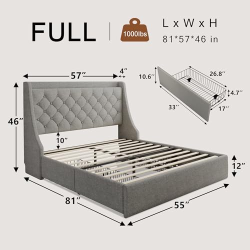 Beige Upholstered Full Size Bed Frame with 4 Storage Drawers W623439