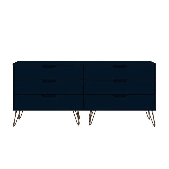 6 Drawer Double Low Dresser with Metal Legs in Midnight Blue J71904