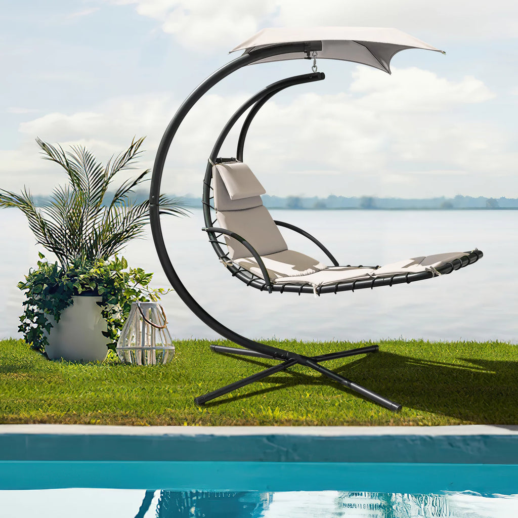 Beige Curved Hanging Chaise Lounge Chair with Canopy Y2498