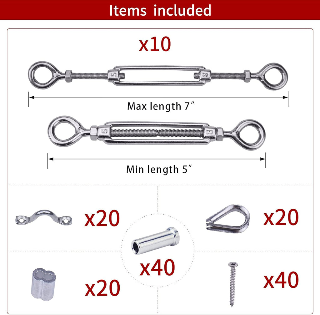 10 Set 1/8 Cable Railing Kit Hardware Heavy Duty Turnbuckle M5 Eye to Eye Stainless Steel I770756
