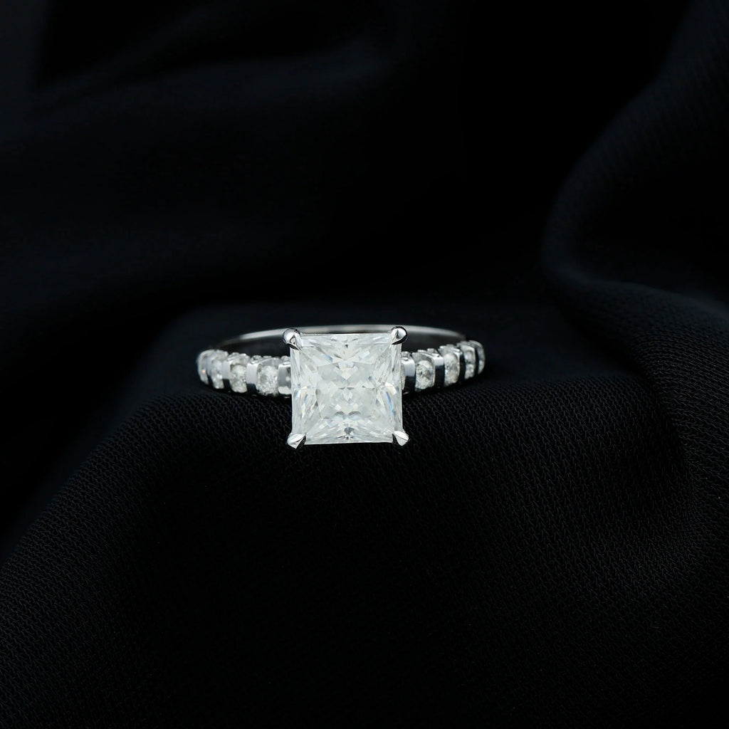 Princess Cut Moissanite Solitaire Engagement Ring with Side Stones, 925 Sterling Silver E332