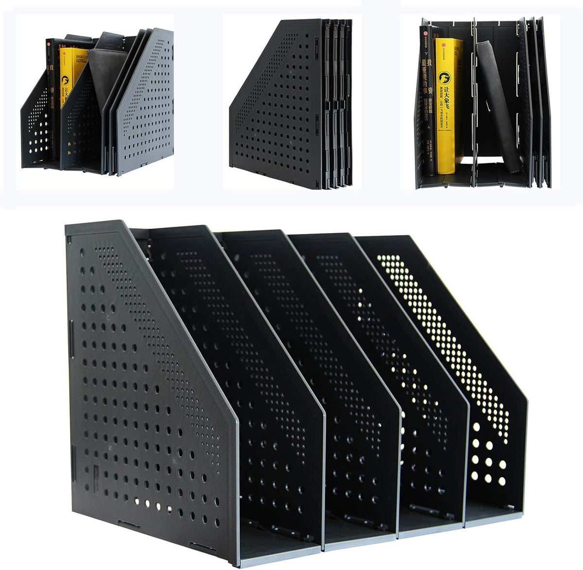 Gray 2Pcs Collapsible Magazine File Holder with 3 Vertical Compartments M4187