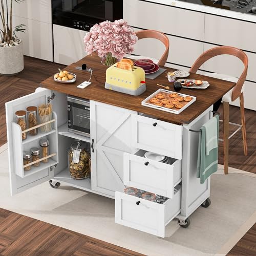 54.5" Farmhouse Mobile Kitchen Island with Power Outlet, Drop Leaf, Spice Rack and Drawer M55652