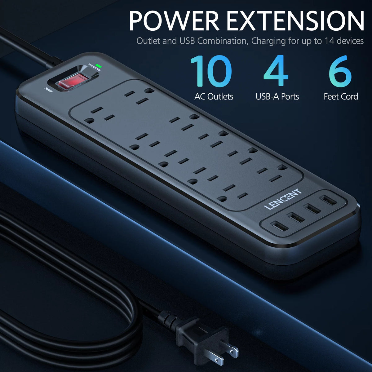 2 Prong Power Strip, 1700J Surge Protector, 6ft Extension Cord, 10 Outlets & 4 USB Ports A6491