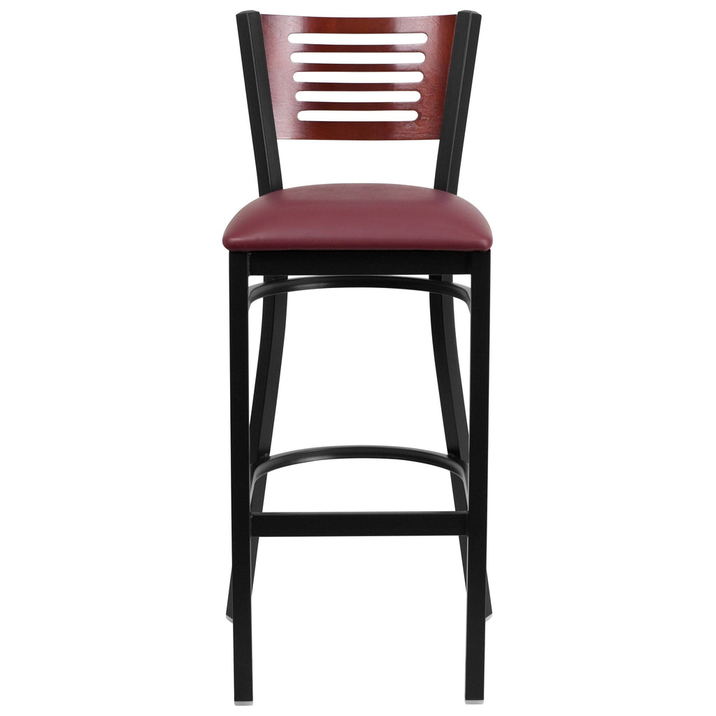 Mahogany Wood Back Black Vinyl Seat Metal Barstool I647715
