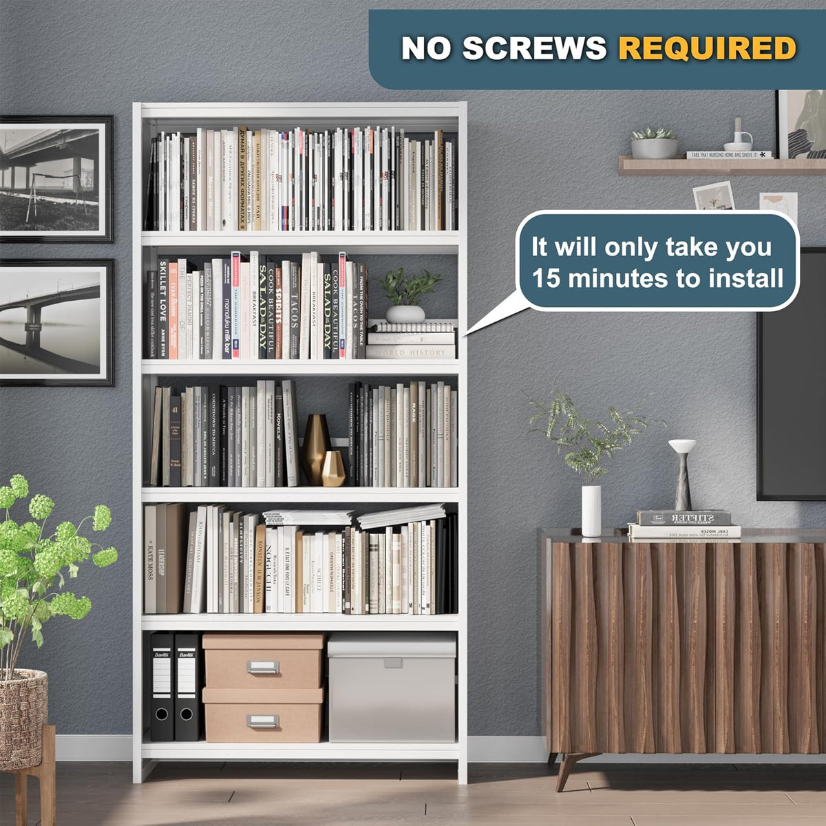 White 5 Tier Metal Bookcase F154