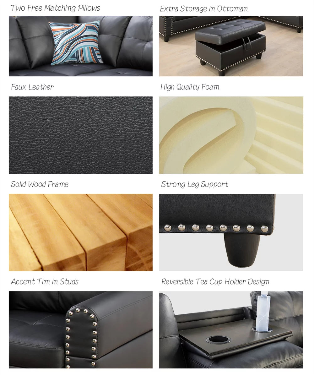 Black Leather Sectional Sofa with Storage Ottoman and Pillows Z3186